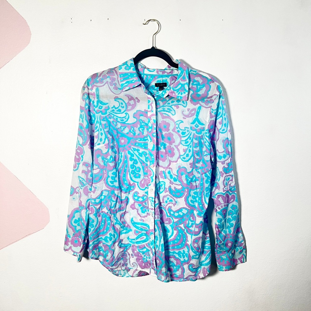 Talbots Button‎ Shirt Women's Large 100% Cotton Blue Paisley Coastal Beach
